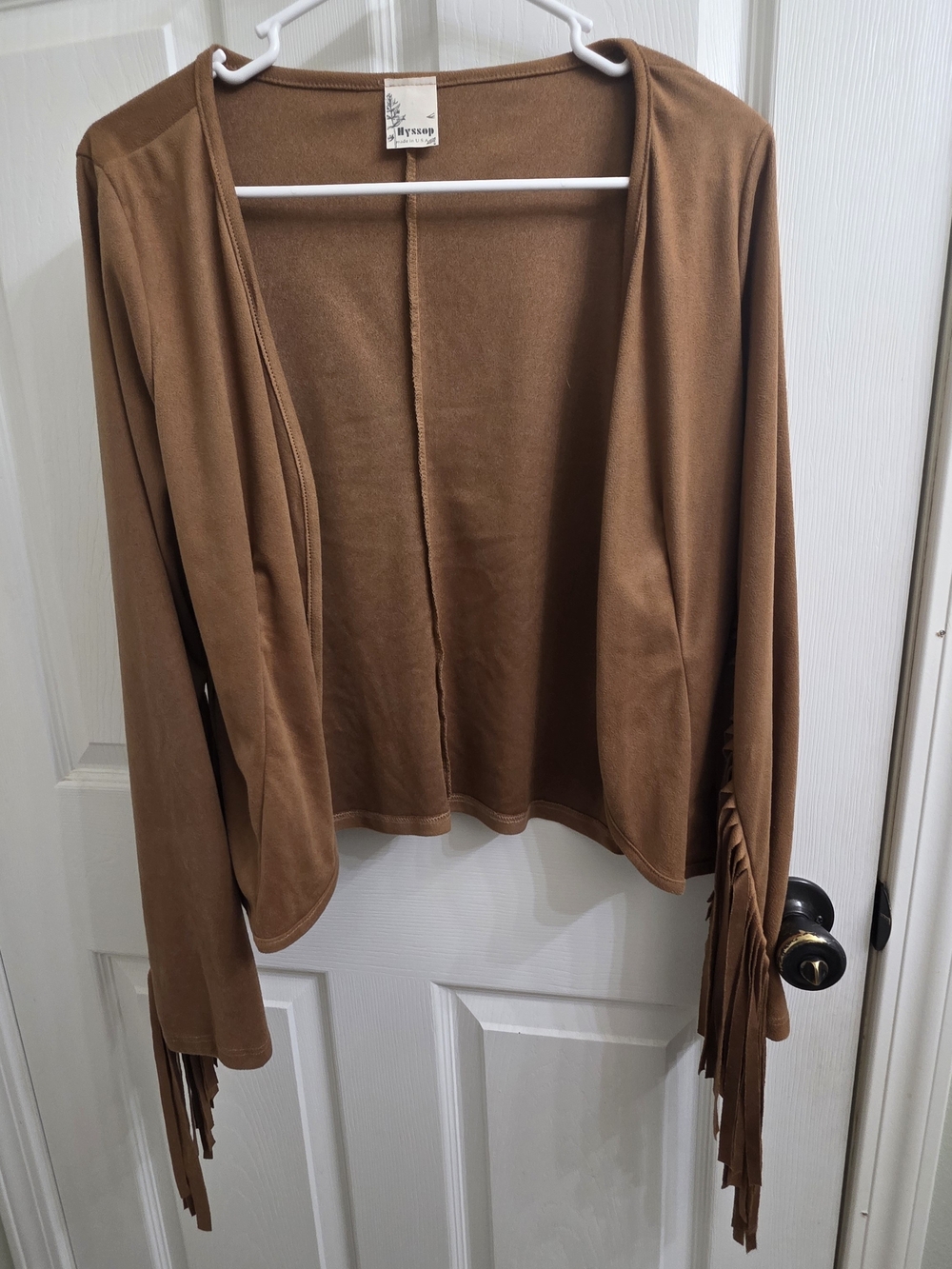 Women's Tan Fringe Open-Front Cardigan Shrug